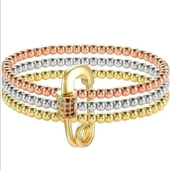 Pretty 3 Tone Beaded Stretch Bracelets Safety Pin Charm NWT - Picture 2 of 5